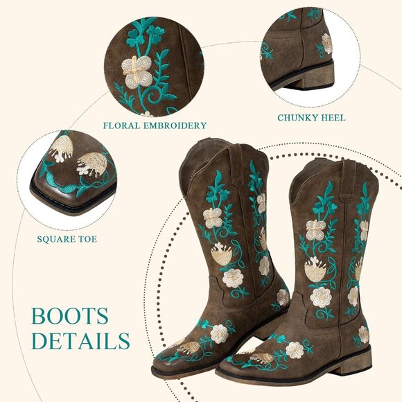 Women's Brown  Cowgirl Sunflower Floral Embroidered Western Square Toe Boots - Picture 6 of 7